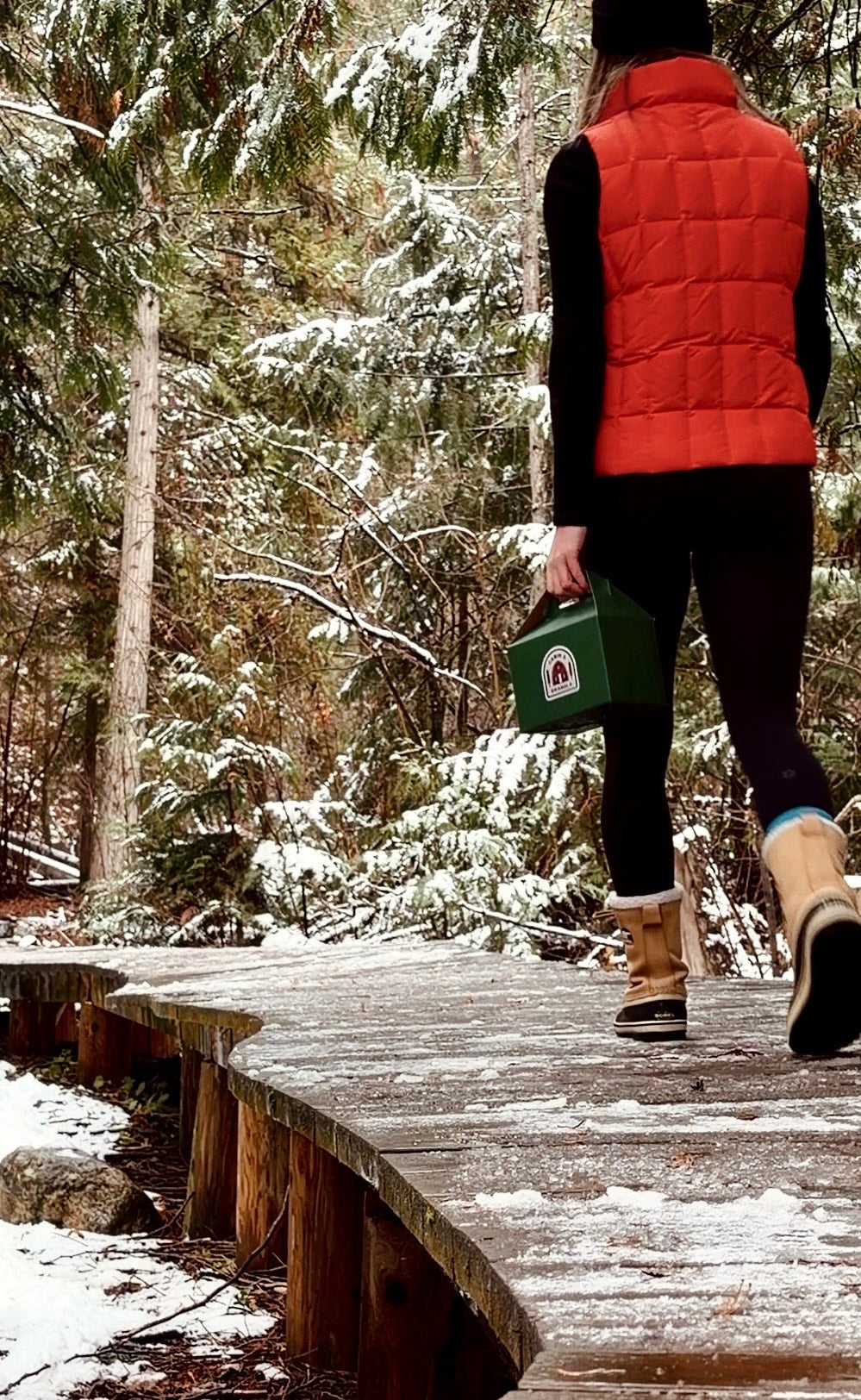 Person walking on a wooden path in a snowy forest, holding a green box.